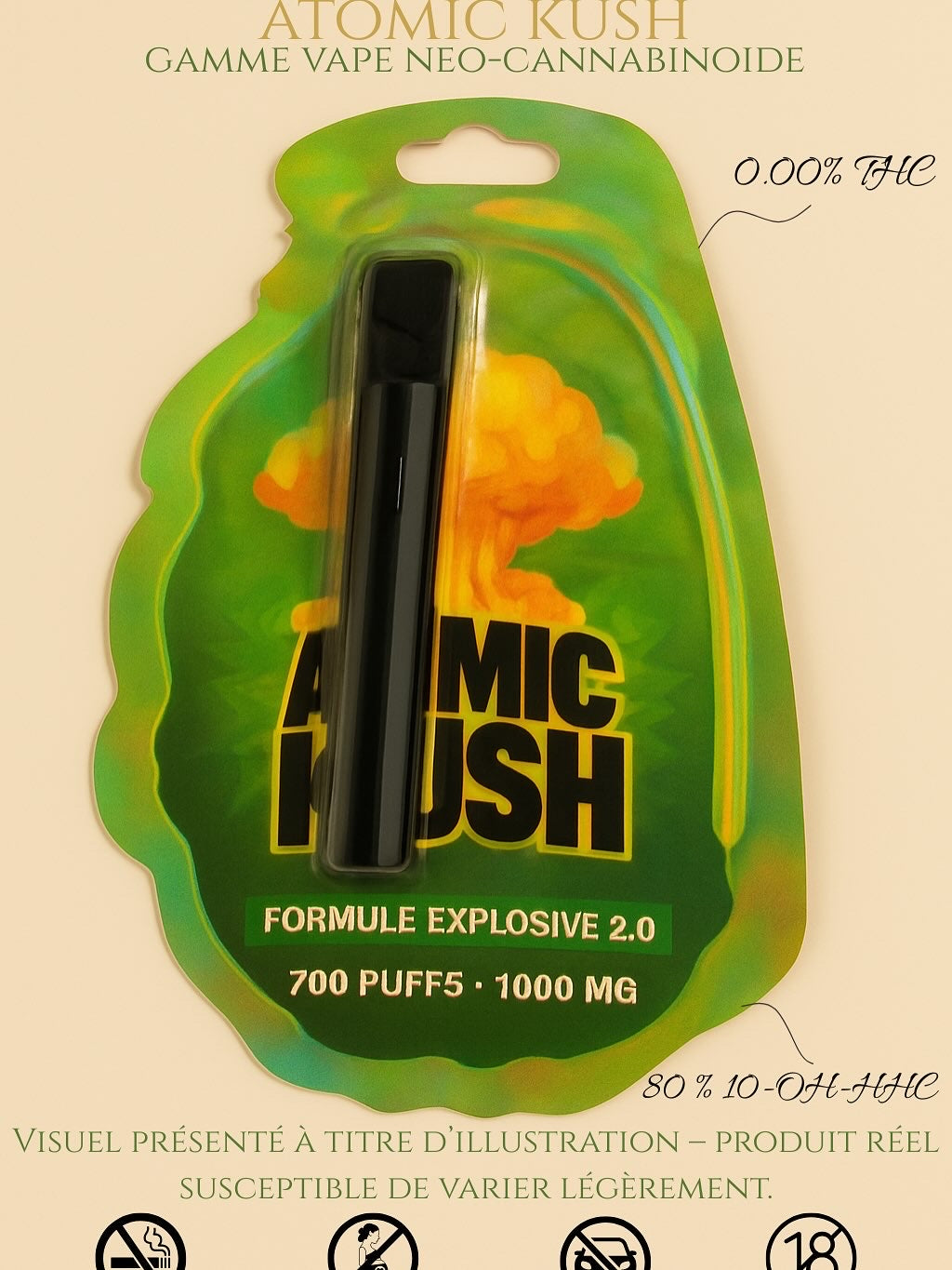 Kit complet Vape Atomic Kush 80 % 10-OH-HHC (Batterie & Cartouche) - (Sans THC)