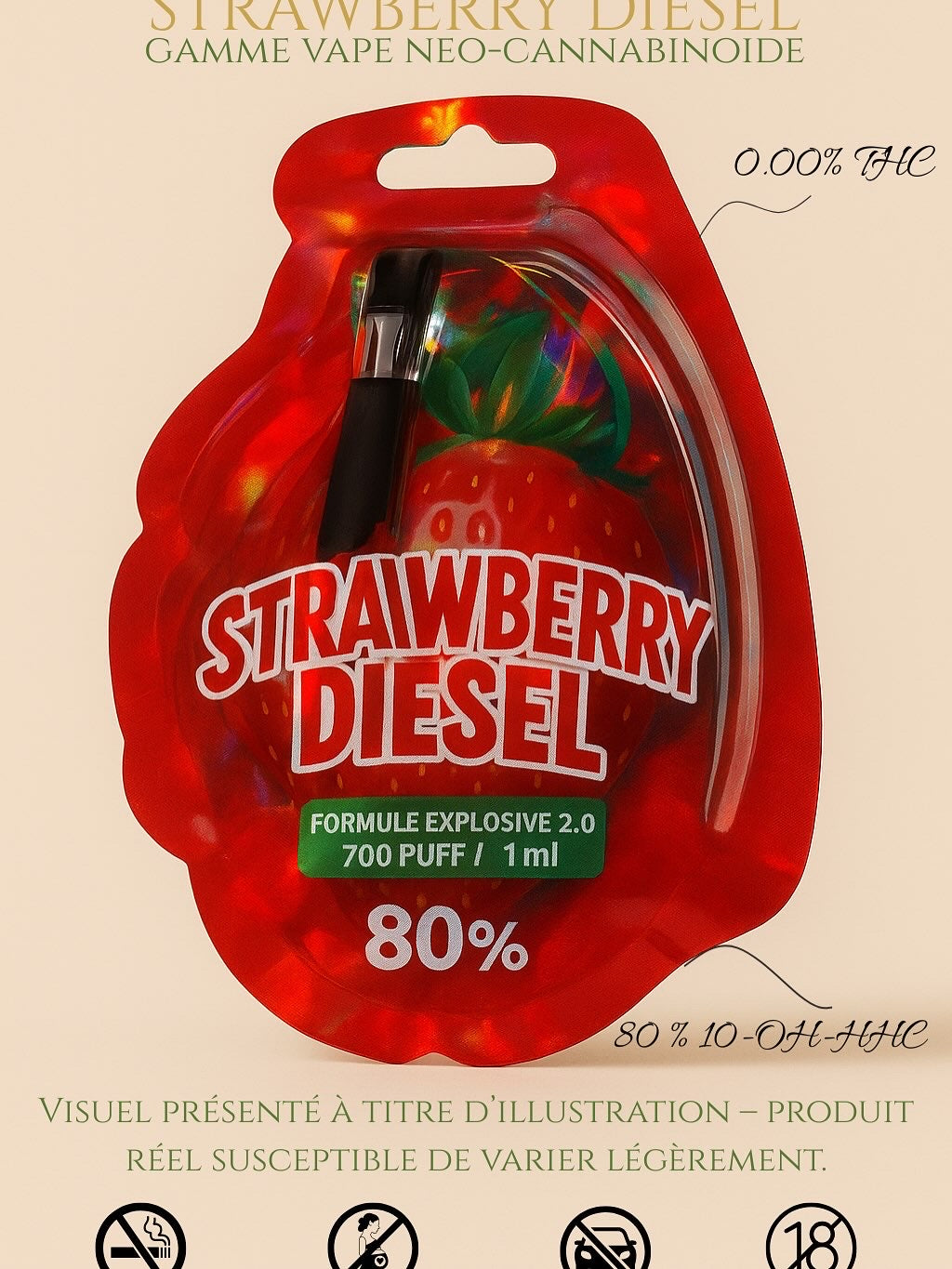 Kit complet Vape Strawberry Diesel 80 % 10-OH-HHC (Batterie & Cartouche) - (Sans THC)